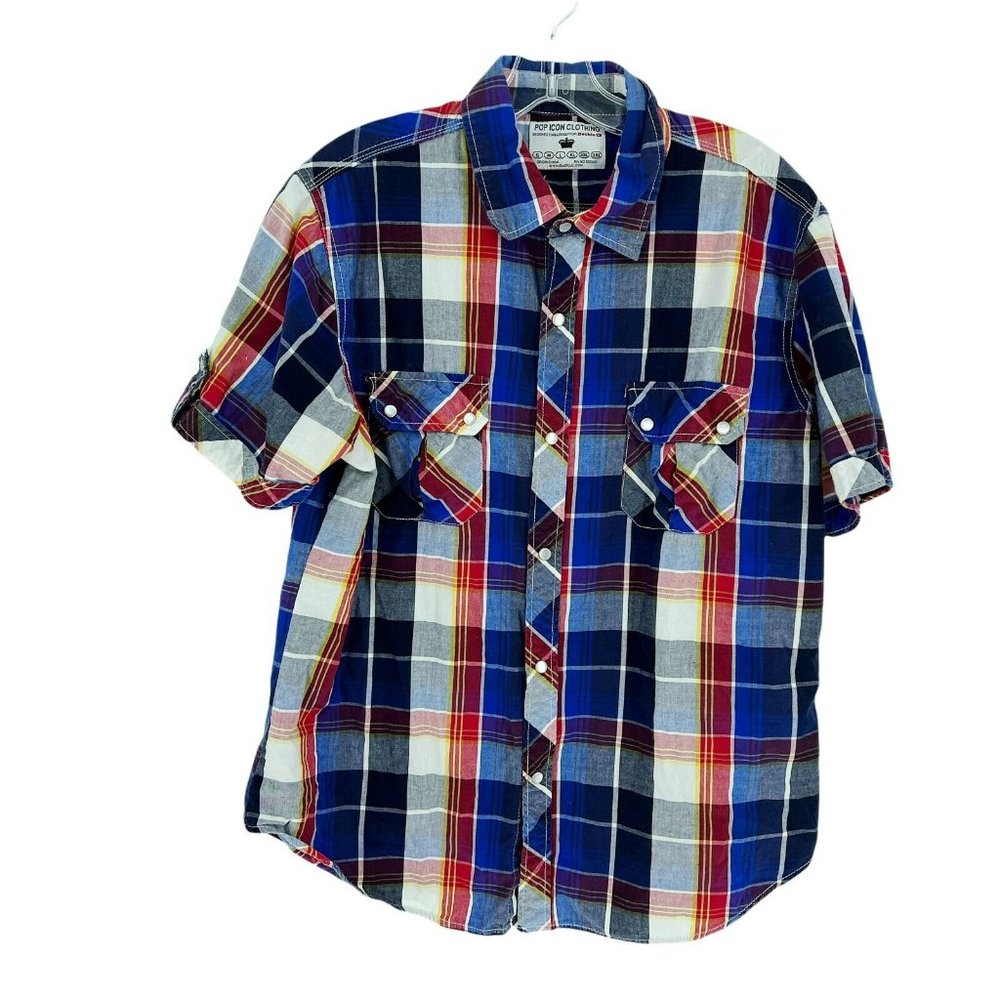 Buckle Pop Icon Pearl Snap Shirt Men's Large Short Sleeve Plaid Blue Cas…